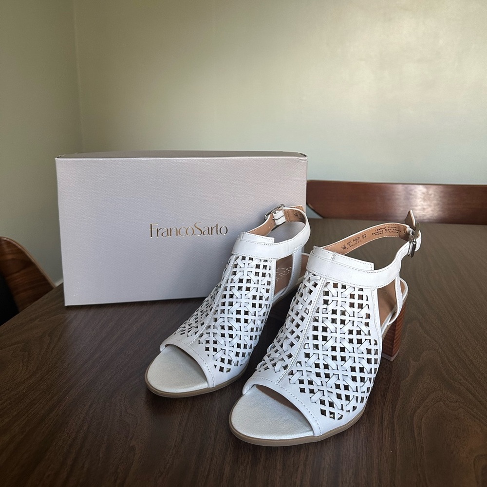 Franco Sarto White Laser-Cut Peep-Toe Sandals